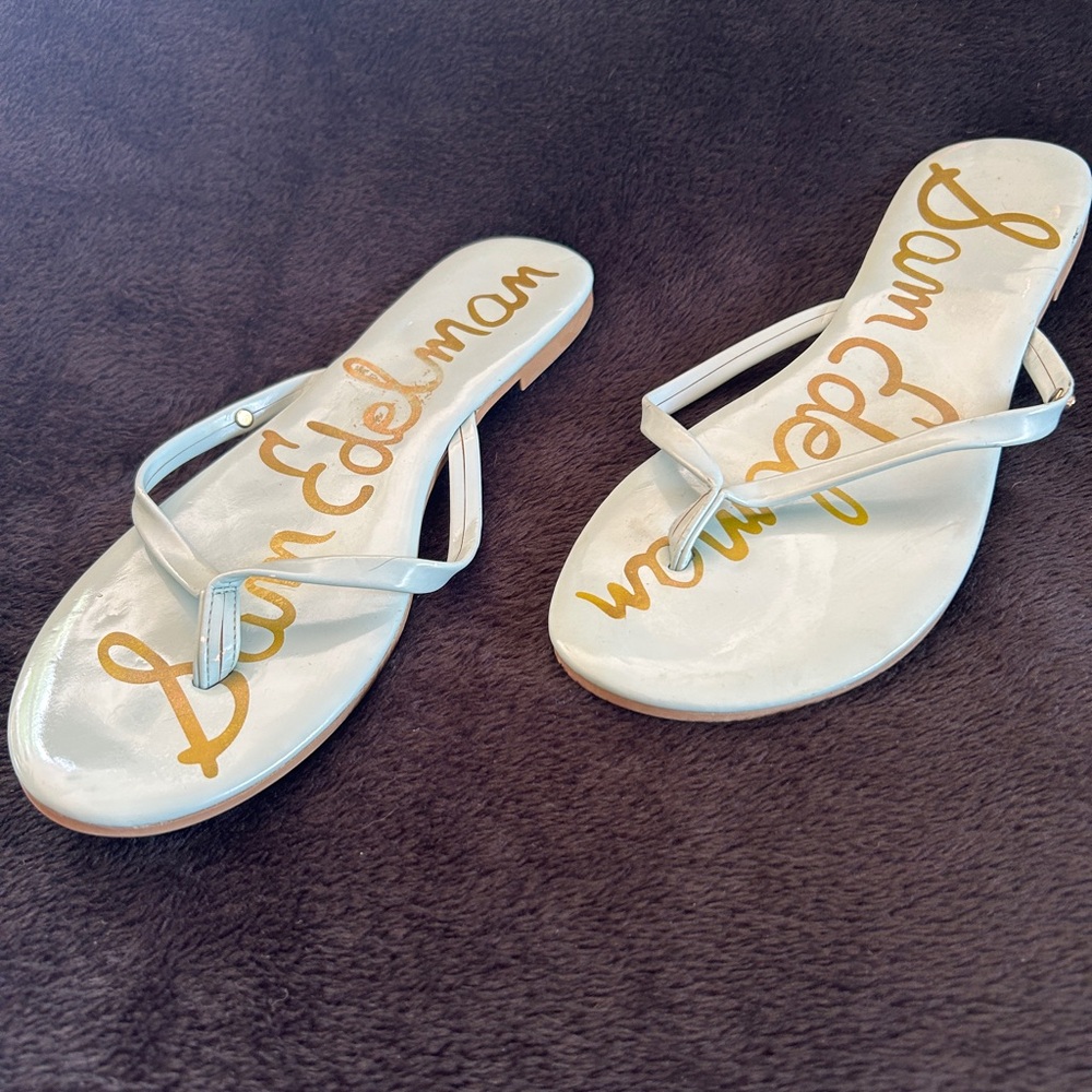Sam Edelman White Patent Thong Sandals with Gold Logo
